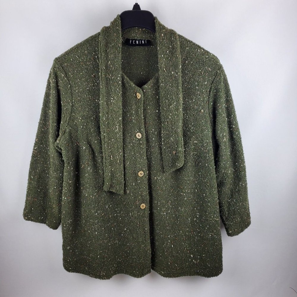 Fenini Womens Cardigan Sweater Button Up Long Sleeve Neck Tie Green Size 1X